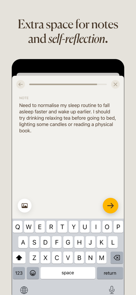 The Five Minute Journal app interface showing a dedicated space for notes and self-reflection with a digital keyboard on an iPhone.