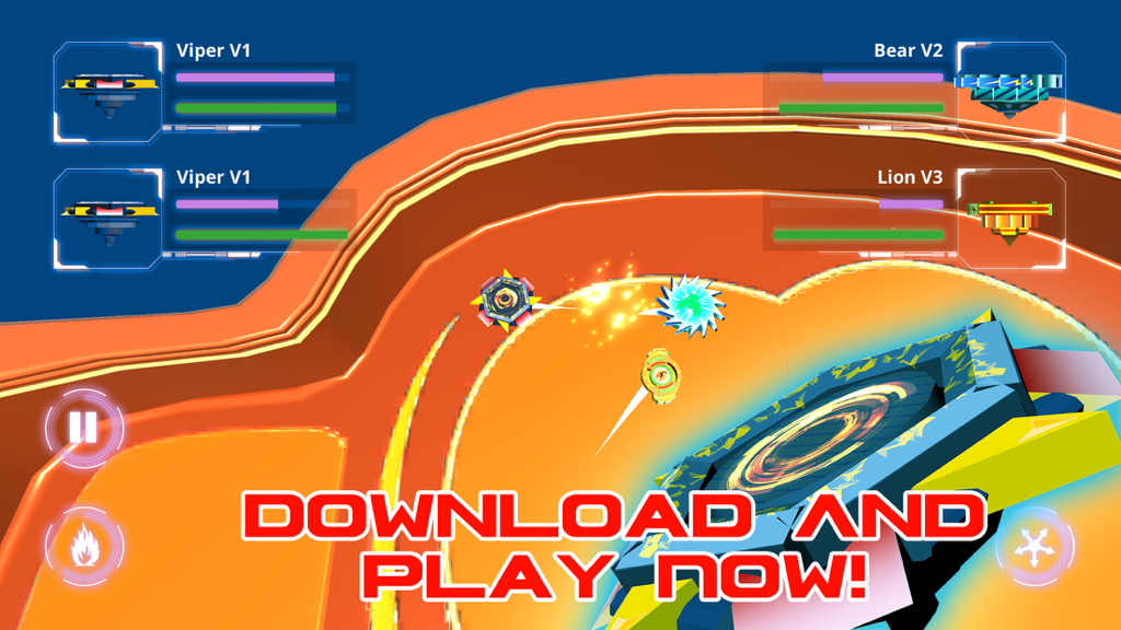 Beyblade : Spin Blade 1 - Gameplay screenshot of Beyblade Spin Blade 1 showing multiple spinning tops battling in a 3D arena with health bars for Viper, Bear, and Lion blades.