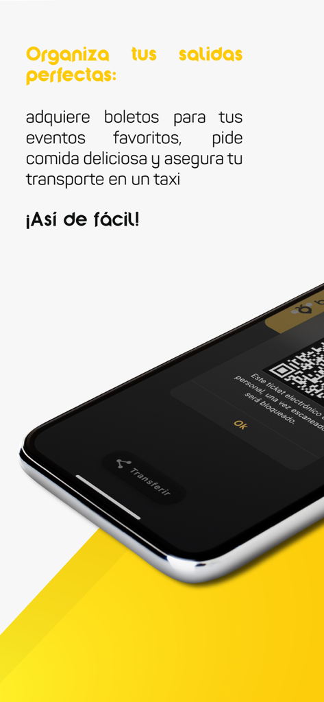 Bee App Ecuador - Bee App Ecuador smartphone screen showing an electronic event ticket with a QR code and text describing event and taxi services.