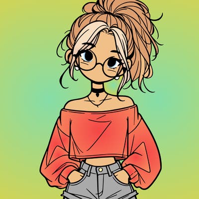girl with a messy ponytail glasses a baggy crop top and jean shorts