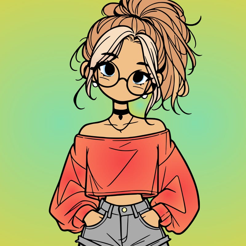 girl with a messy ponytail glasses a baggy crop top and jean shorts