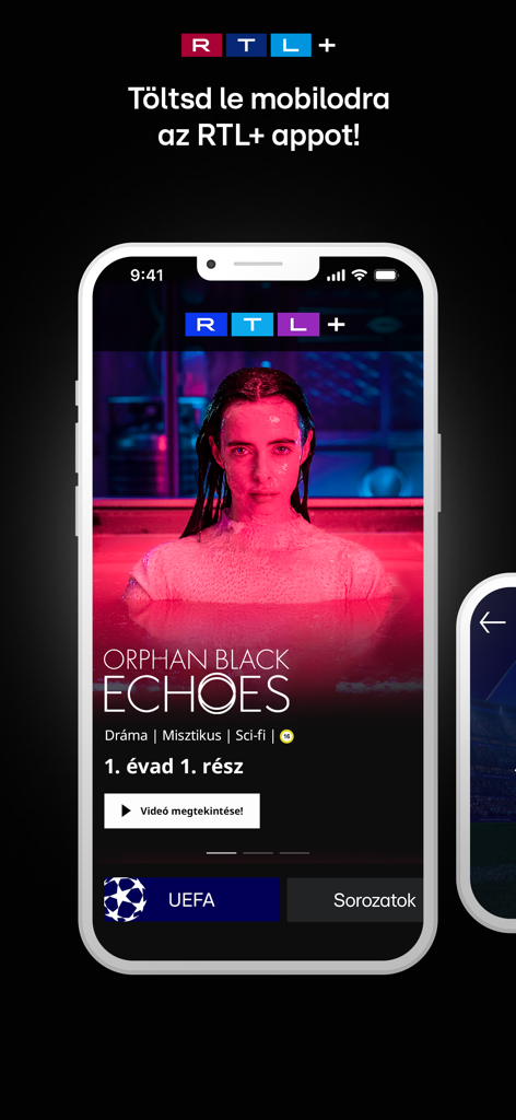 RTL+ Magyarország - Pantalla de smartphone mostrando la interfaz de la app RTL plus Magyarorszag con un programa de TV destacado