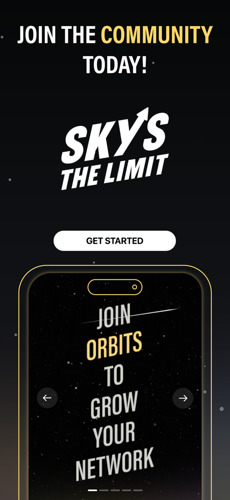 Skys The Limit app welcome screen featuring a call to join the community and grow your professional network