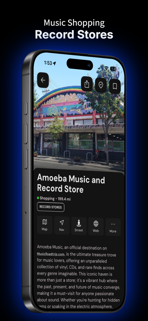 Music Roadtrip - Music Roadtrip app interface featuring Amoeba Music record store with travel navigation tools