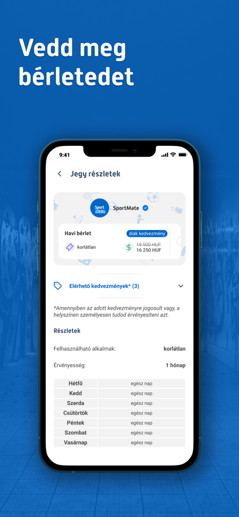 SportMate app screen showing monthly pass details and weekly availability schedule