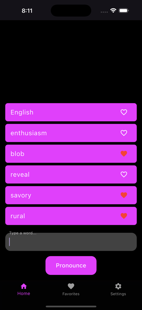 Pronounce It: Word Pronouncer - The home screen of the Pronounce It app featuring a list of English words and a pronounce button.