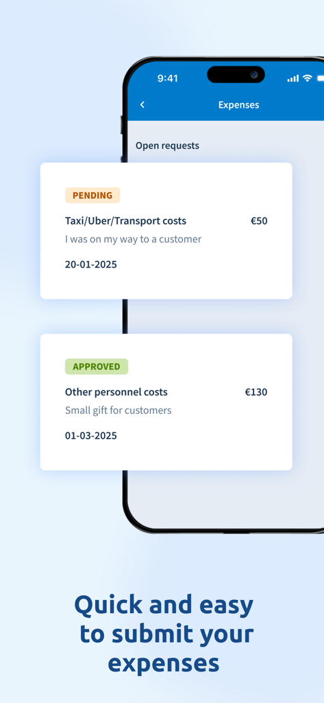 Tela móvel do aplicativo Nmbrs ESS mostrando reivindicações de despesas de trabalho pendentes e aprovadas