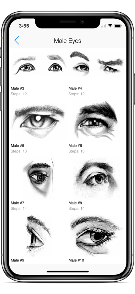 Draw Anime Eyes - Cutest Eyes - A gallery of male anime eye drawing tutorials with step-by-step lessons shown on a mobile app