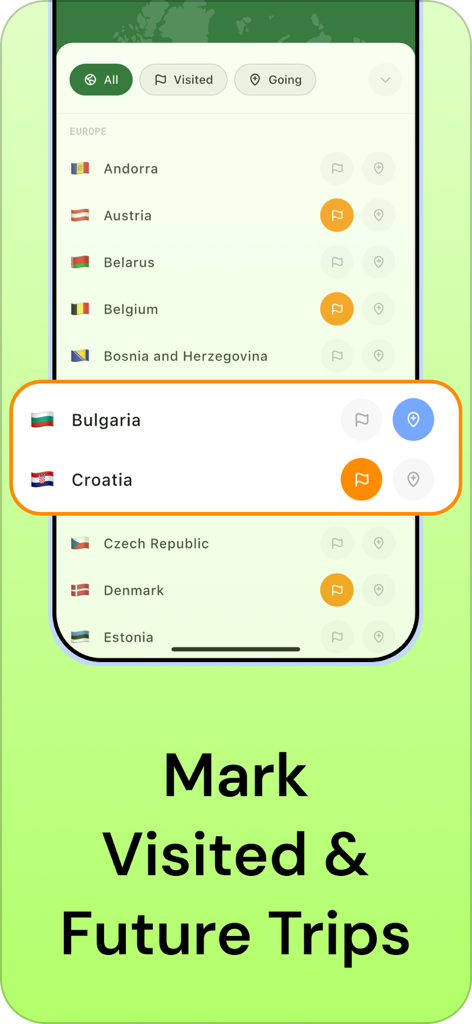 Travel Tracker - Travely - 트래블 트래커 앱 인터페이스로 방문했거나 계획된 국가를 표시하는 아이콘 목록을 보여줍니다