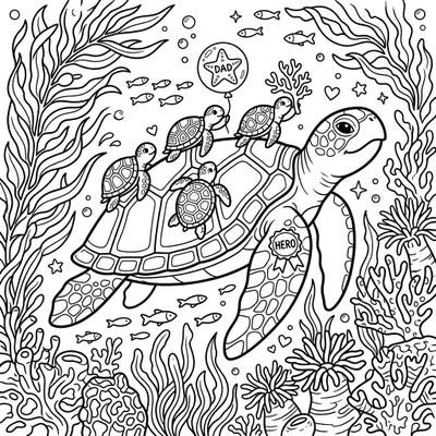 Dive into a heartwarming Father's Day celebration with this charming sea turtle coloring page. Featuring a proud papa turtle carrying its adorable hatchlings, it's the perfect way to honor your hero dad.