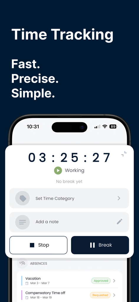 Crewmeister Time Tracking - Crewmeister mobile app screen showing active work time tracking with start and stop options