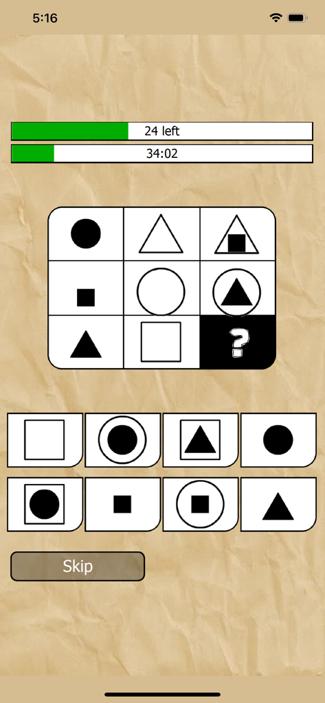 A logic puzzle from the What is my IQ app featuring geometric shapes in a grid and a timer