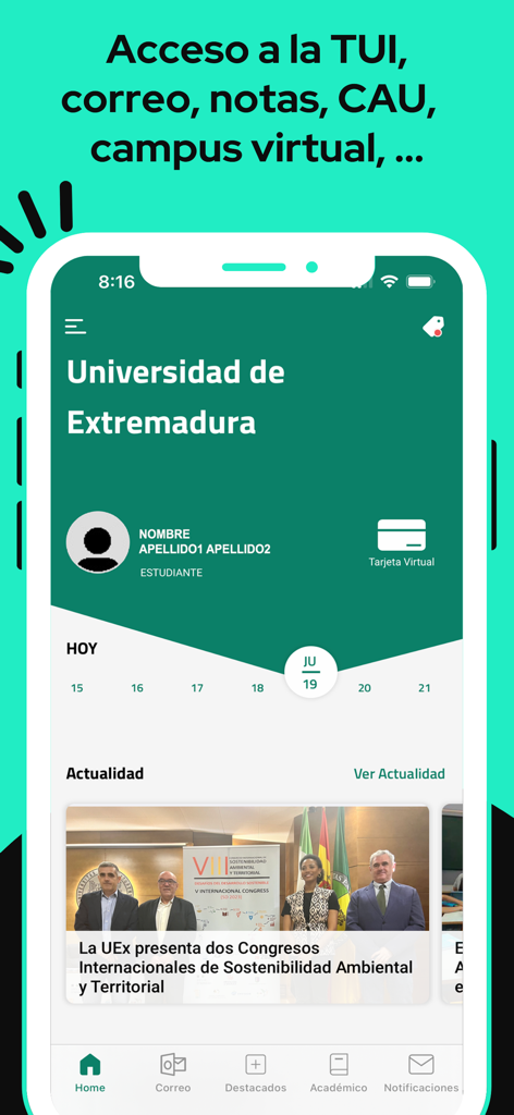 UEx App home screen for students featuring virtual ID card academic calendar and university news.