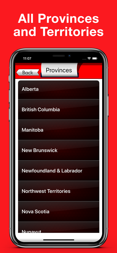 Lista de províncias e territórios canadenses no aplicativo de cálculo de impostos Tax Me