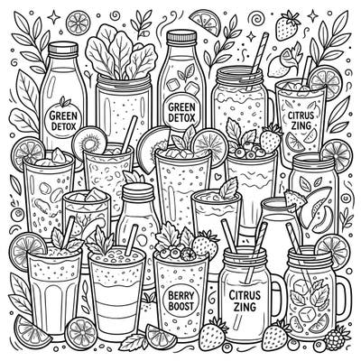 Unwind and get creative with this vibrant collection of detox smoothies and juices, ready for your artistic touch. Explore a world of healthy beverages, fresh fruits, and leafy greens, all waiting to be brought to life with color.