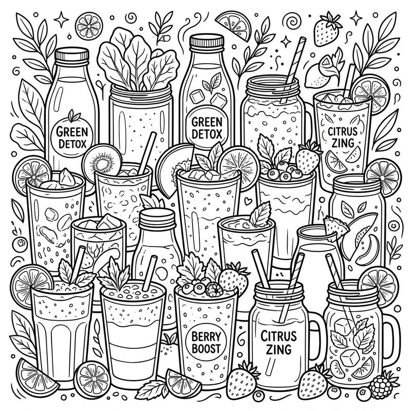 Unwind and get creative with this vibrant collection of detox smoothies and juices, ready for your artistic touch. Explore a world of healthy beverages, fresh fruits, and leafy greens, all waiting to be brought to life with color.