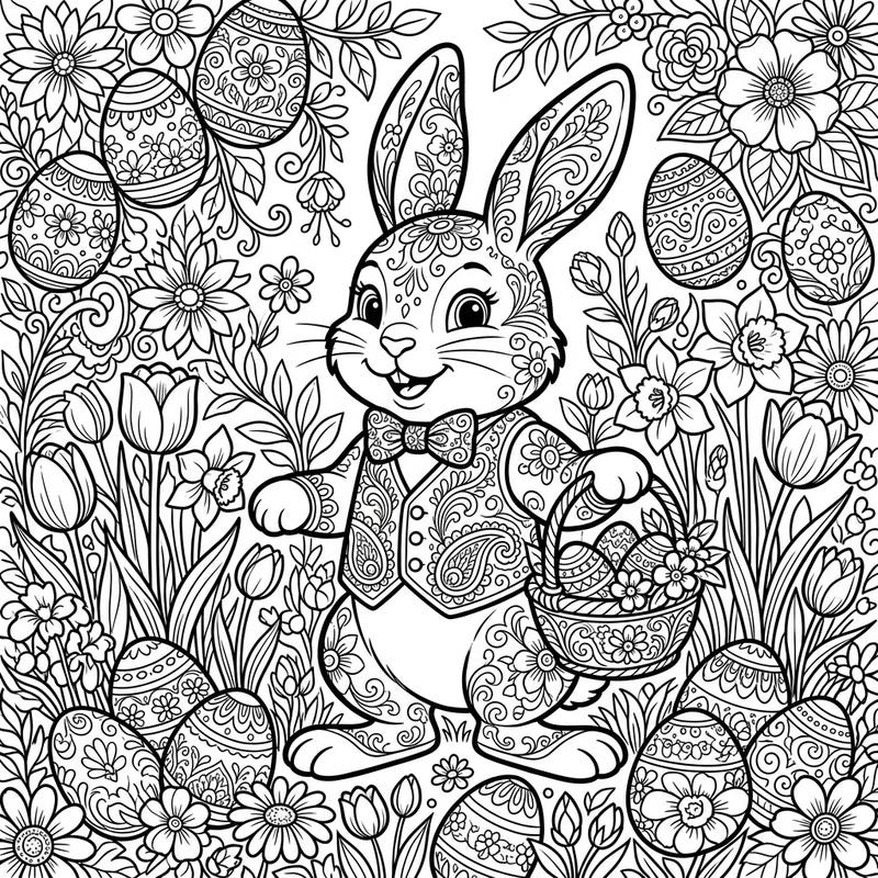 Immerse yourself in the charm of a bygone era with this intricate vintage Easter Bunny coloring page. Adorned with delicate patterns, this friendly bunny is ready for a splash of color amidst a garden full of spring blossoms and decorative eggs.