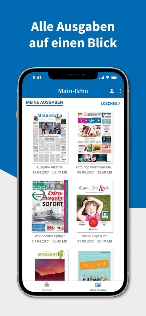 Main-Echo E-PAPER app displaying a selection of digital newspaper and magazine editions on a smartphone screen.