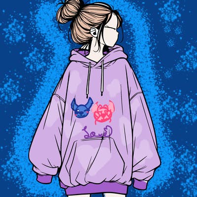 realistic girl with a oversized sweatshirt on and a bun