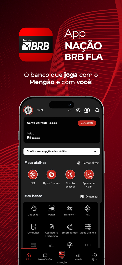 Home screen of the Nacao BRB FLA mobile banking app showing account options and soccer club branding