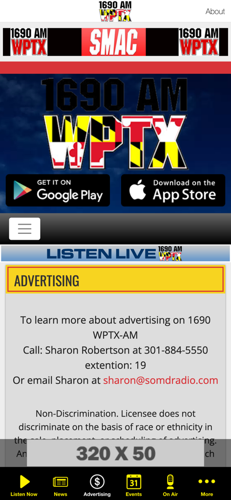 100.7FM & 1690 AM WPTX - A screenshot of the WPTX radio app showing the advertising contact page and navigation menu with Maryland themed branding