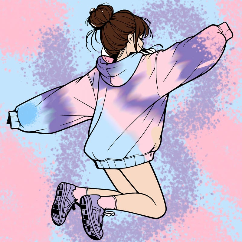 realistic girl jumping with a bun and oversized sweatshirt