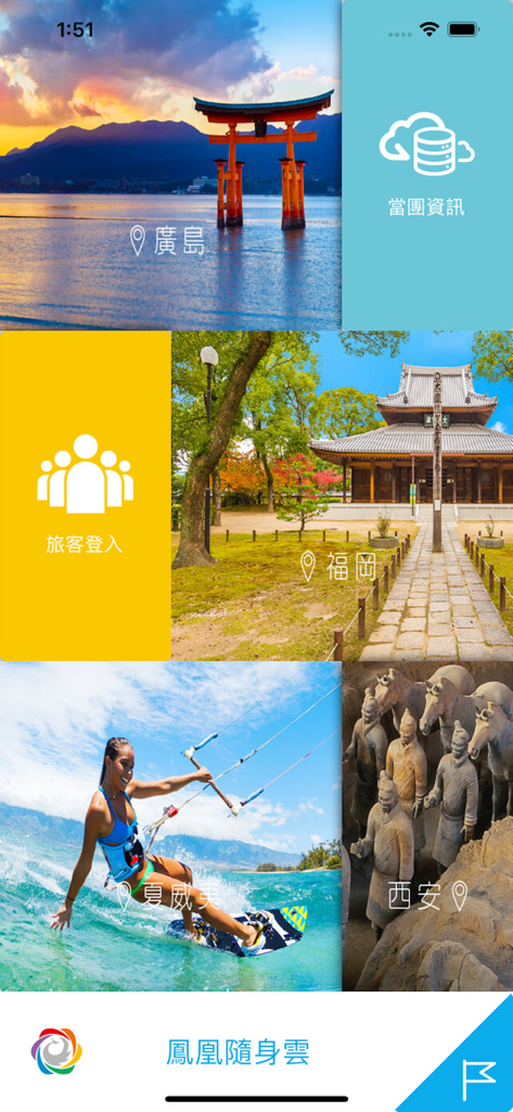 Schermata principale dell'app di viaggio Phoenix Cloud con foto di destinazioni globali e informazioni sul gruppo turistico in cinese tradizionale.