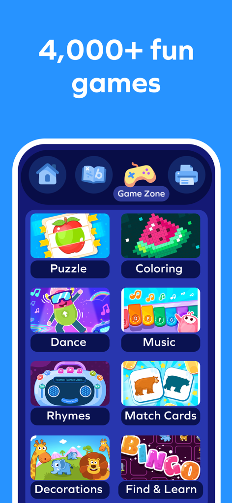 Splash Jr: Toddler Games 2-4 - Mobile app interface for Splash Jr showing a menu of educational games for toddlers including puzzles music and coloring