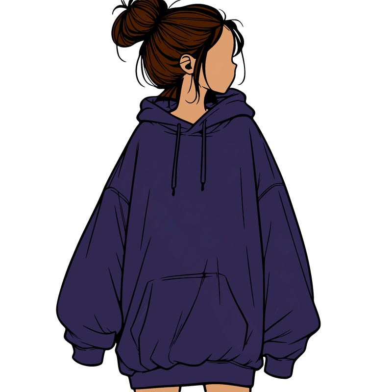 realistic girl with a oversized sweatshirt on and a bun