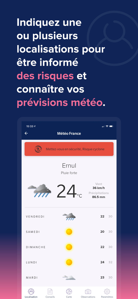 Oberfläche der myPredict 2 App, die eine Zyklonwarnung und eine Starkregen-Wettervorhersage anzeigt
