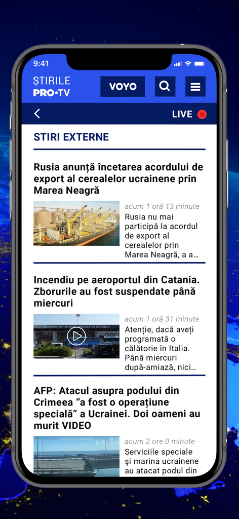 Stirile ProTV - Stirile ProTV mobile app displaying international news feed with headlines and images