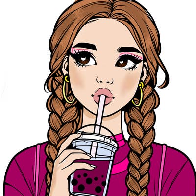 realistic girl with braided hair drinking boba