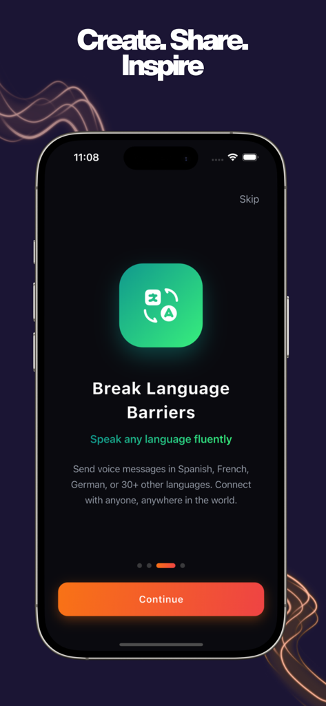 Revoicer AI - Voice Generator - Revoicer AI onboarding screen highlighting multi-language voice generation features