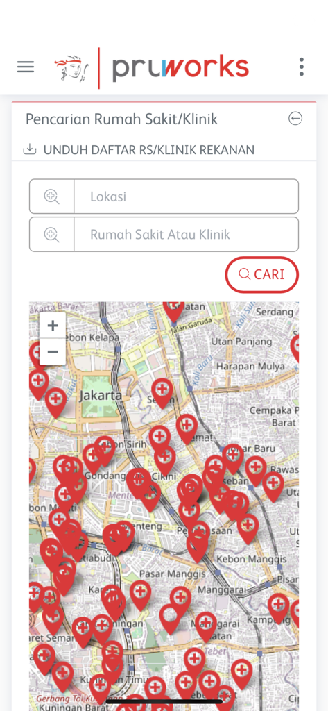 PRUWorks - A map showing hospital and clinic locations in the PRUWorks app