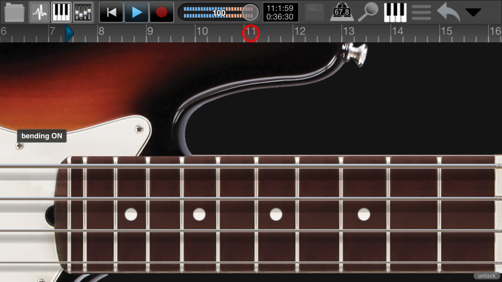 Interface do aplicativo Recording Studio Pro mostrando um braço de guitarra virtual e controles de produção musical