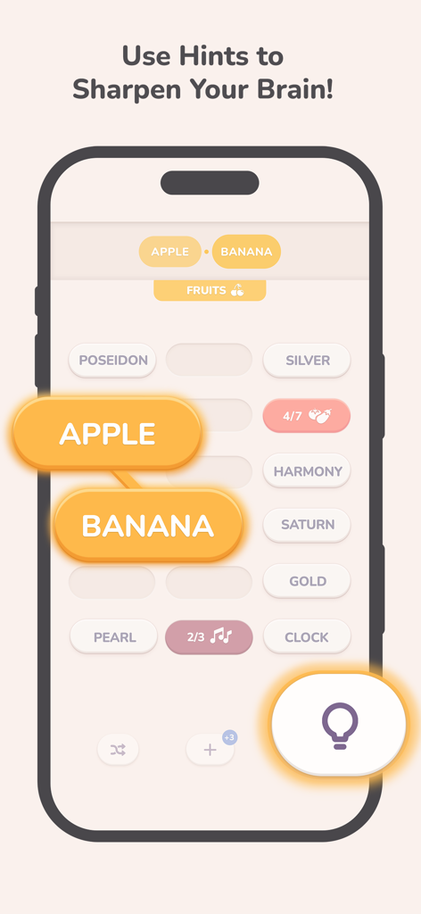 Screenshot of Word Weaver game showing a word association puzzle with a highlighted hint button