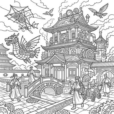 Immerse yourself in a fascinating blend of ancient Chinese elegance and intricate Steampunk mechanics. This unique coloring page brings together the grandeur of the Han Dynasty with a retro-futuristic twist.