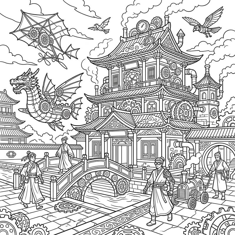 Immerse yourself in a fascinating blend of ancient Chinese elegance and intricate Steampunk mechanics. This unique coloring page brings together the grandeur of the Han Dynasty with a retro-futuristic twist.