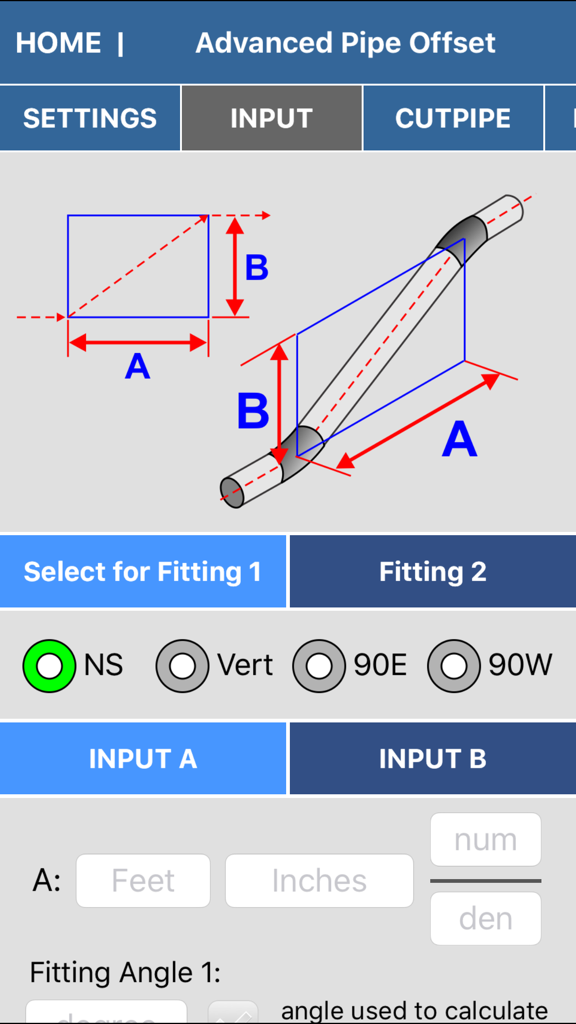 Pipe Fitter Calculator - The Advanced Pipe Offset input screen of the Pipe Fitter Calculator app showing a diagram for dimensioning A and B alongside unit input fields for feet and inches.
