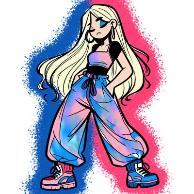 girl in baggy pants crop top and long hair