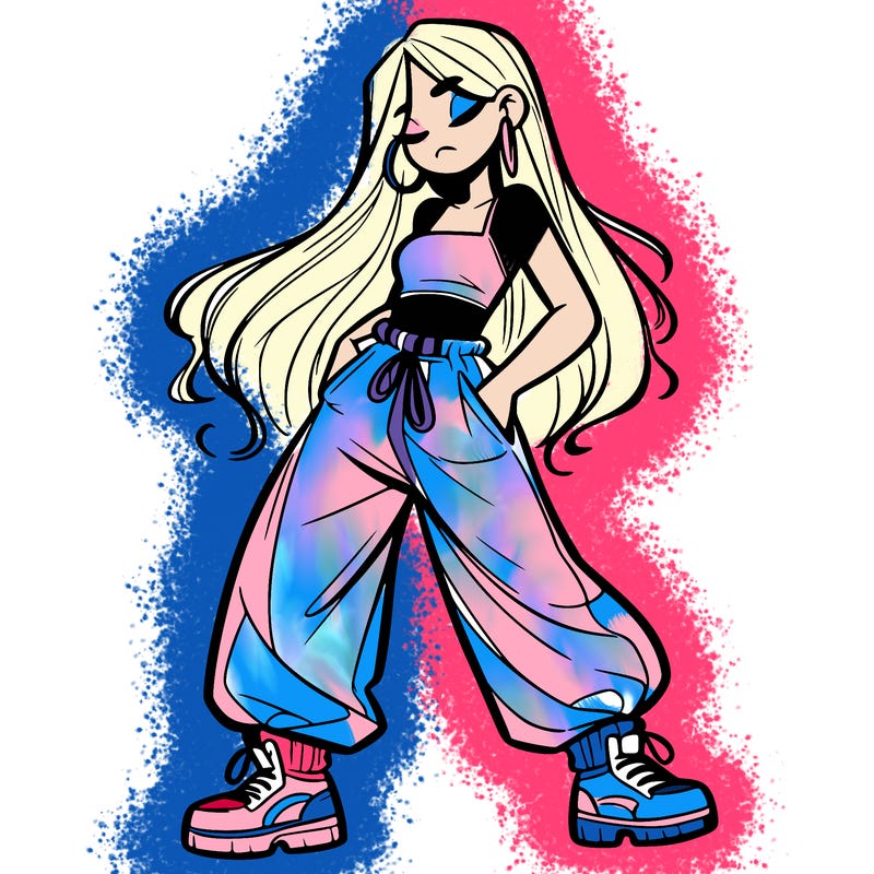 girl in baggy pants crop top and long hair