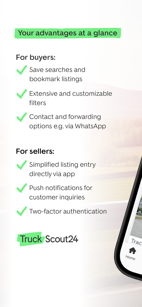 TruckScout24 - Riepilogo dei vantaggi dell'app TruckScout24 per acquirenti e venditori di veicoli commerciali