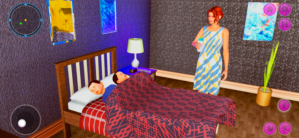 Babysitter Simulator 3D - A 3D simulation scene of a nanny character holding a baby bottle next to two children in a bed.