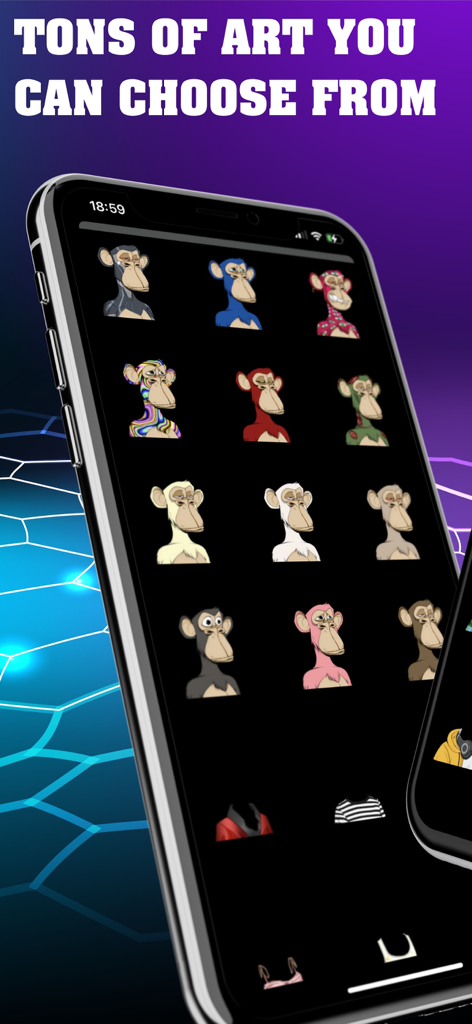 A mobile interface displaying a wide selection of character art layers for creating unique NFT collections.