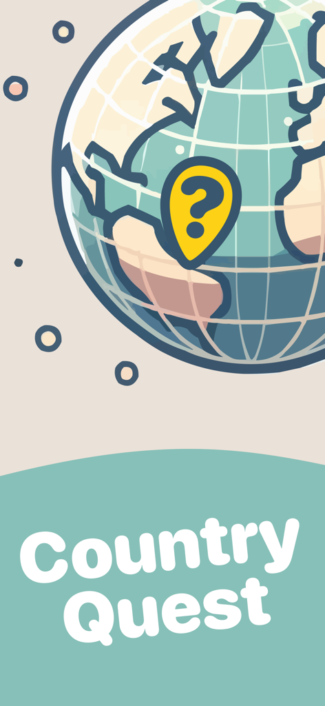Country Quest: Guess Countries - Pantalla de presentación de la aplicación Country Quest que muestra un globo estilizado con un marcador de signo de interrogación.