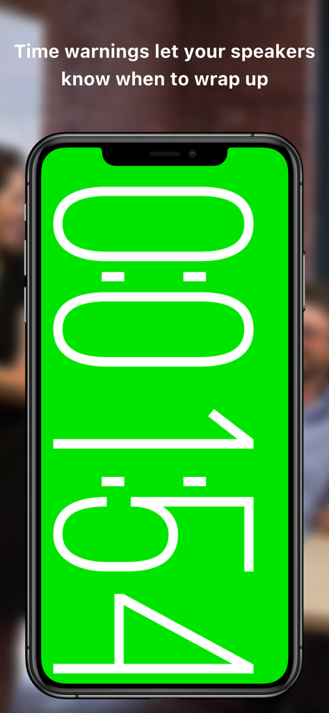 Silent Touch Timer - A smartphone screen displaying a large green visual time warning for presenters.