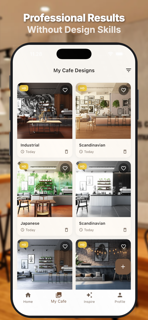 AI Coffee Shop Design - A mobile app screen displaying a gallery of saved coffee shop interior designs in various styles including industrial, scandinavian, and japanese.