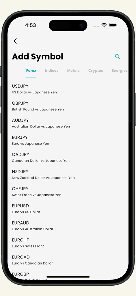 Tela do aplicativo móvel mostrando vários pares de moedas forex como USDJPY e EURUSD para definir alertas de preço