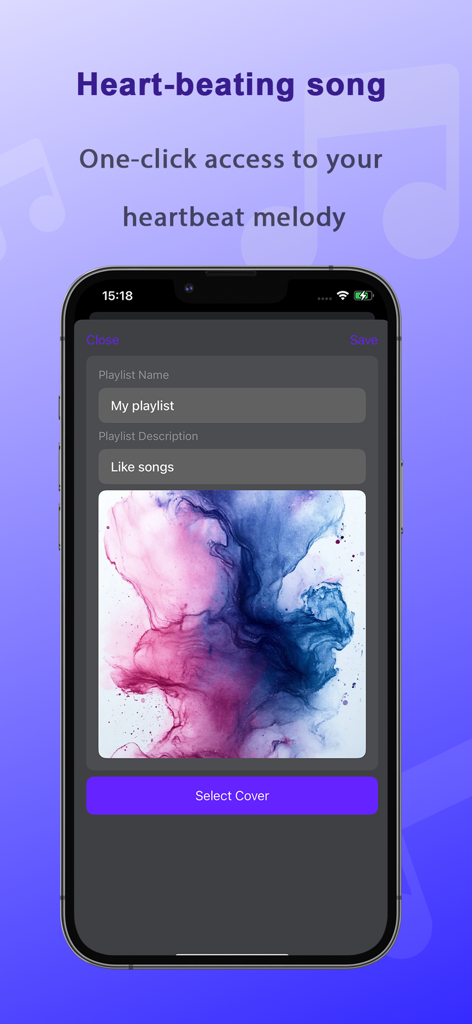 A smartphone screen showing the playlist creation interface in the Solo Music Player app with fields for playlist name description and a custom cover image selection