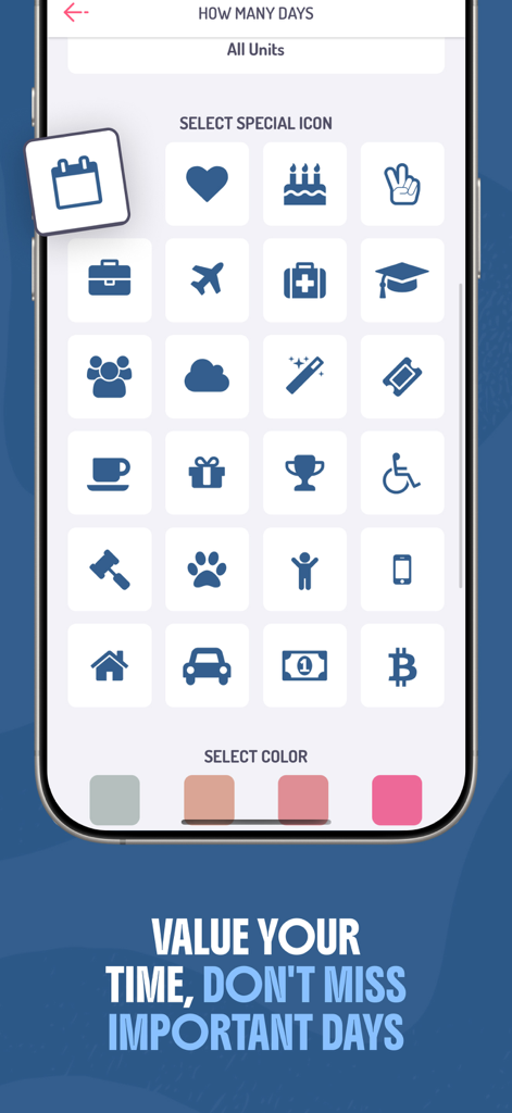 Interface for selecting special icons and colors to personalize countdown widgets in the Day Counter app